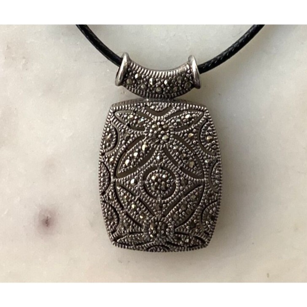 Vintage Marcasite Pendant Sterling Silver Heavy Necklace Charm Signed 925